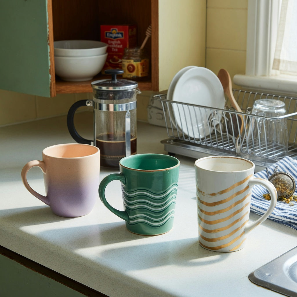 two tone ceramic coffee mugs shared household product shortlist guide featuring gradient, green waves, and tall white golden waves options