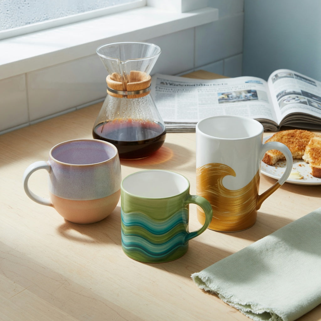 Two tone ceramic coffee mugs weekend coffee practical purchase checklist scene with gradient, green wave, and tall white golden wave mugs