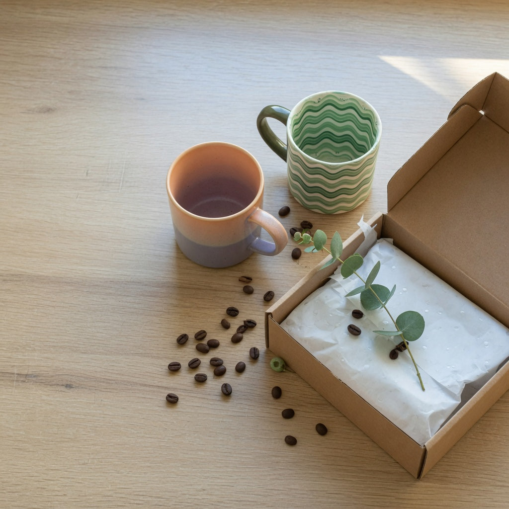 Two tone ceramic mugs for gifts — a gradient mug and a green wave mug beside an open gift box on a kitchen counter