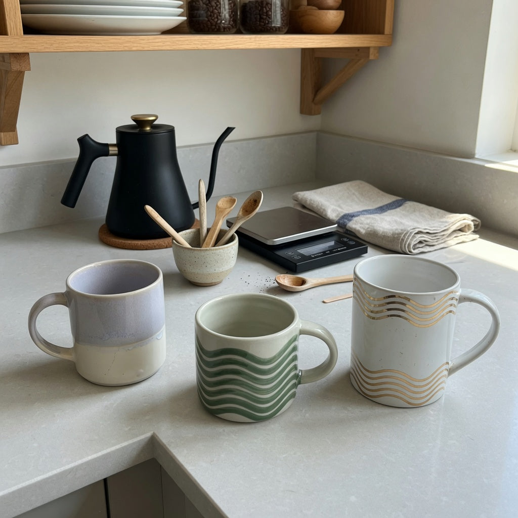two tone ceramic coffee mugs home coffee station practical purchase checklist showing gradient, green-wave, and tall white-golden mug options