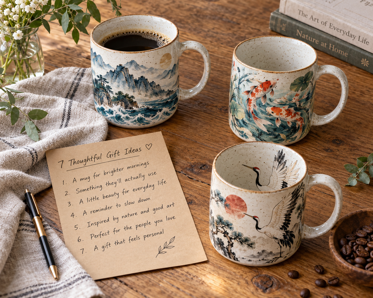 Unique art coffee mugs gift with crane, koi fish, and mountain sea motifs lined up on a kitchen counter beside a gift checklist