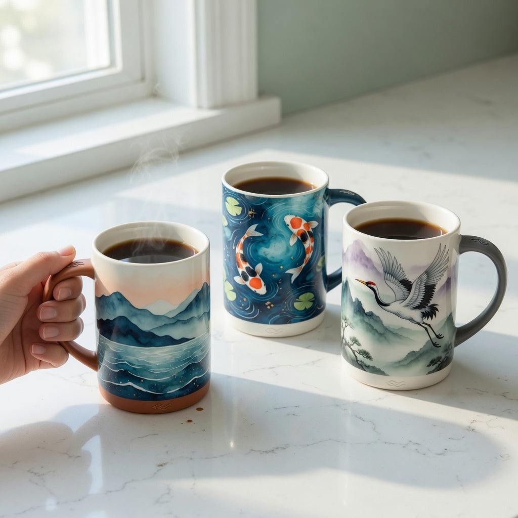 Unique art coffee mugs with mountain-and-sea, koi fish, and crane motifs compared on a kitchen counter