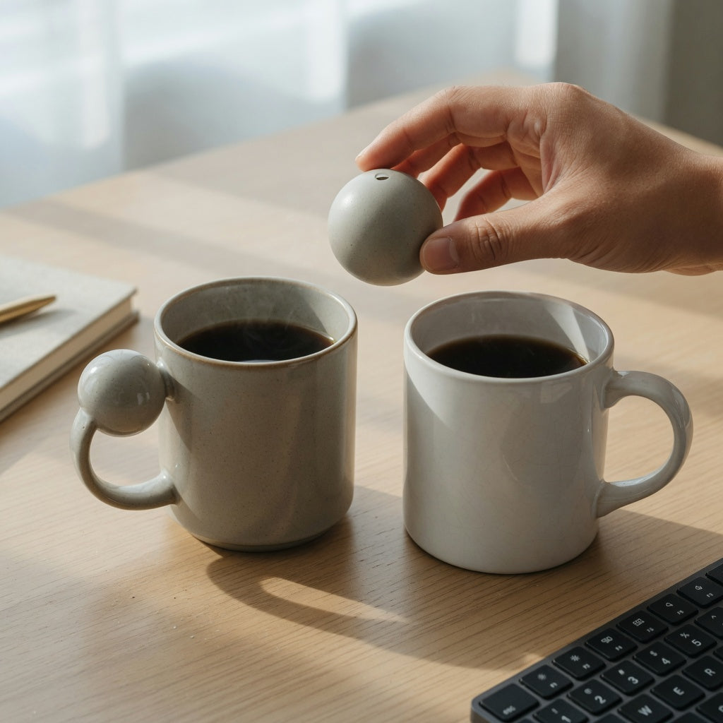Unique ball handle coffee mug beside a loop-handle mug, showing the spherical grip and handle join