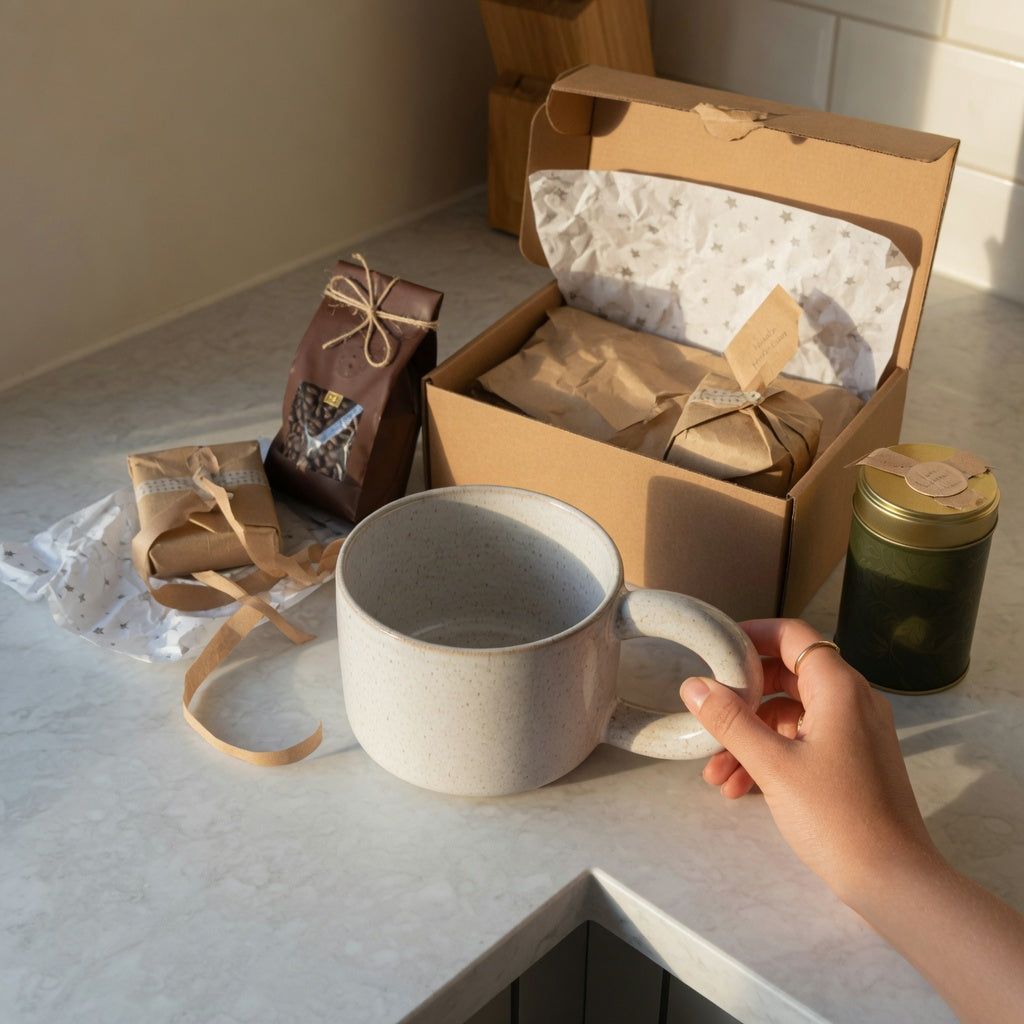 A unique big mug for gifting beside a rigid gift box, tissue, coffee beans, and a tea tin