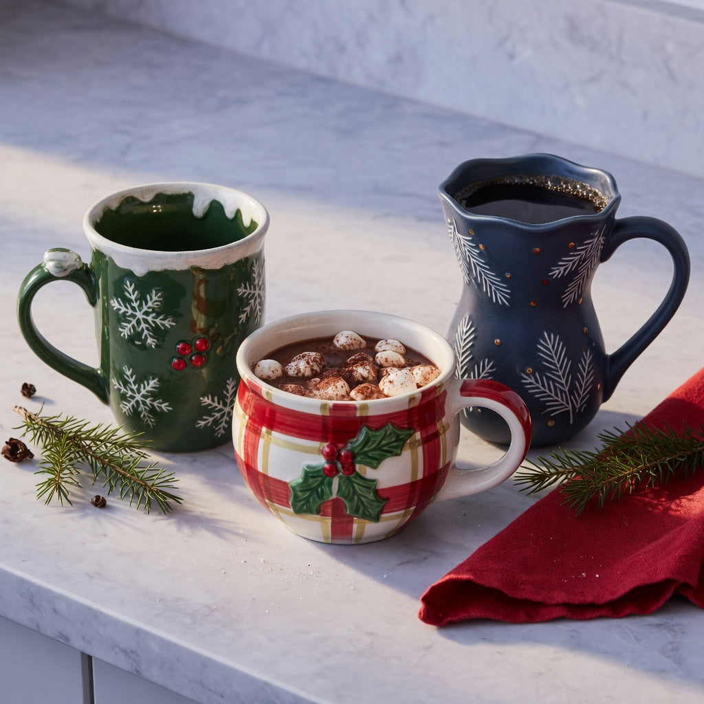 Unique ceramic Christmas coffee mugs compared on a kitchen counter for glaze, handle shape, and festive design