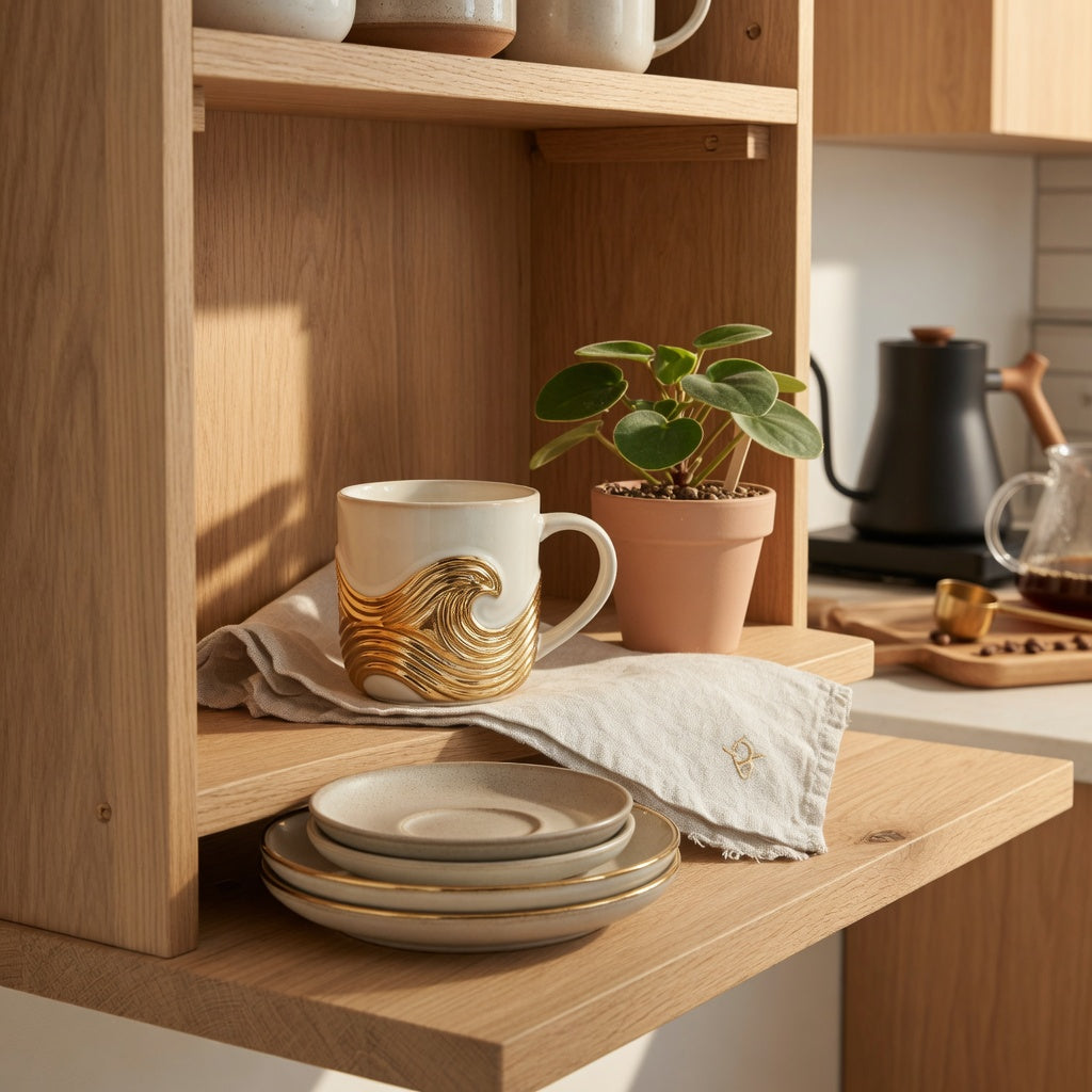 Golden waves ceramic mug with gold detailing styled on an open kitchen shelf — an example of a unique ceramic coffee mug gift for home decor lovers