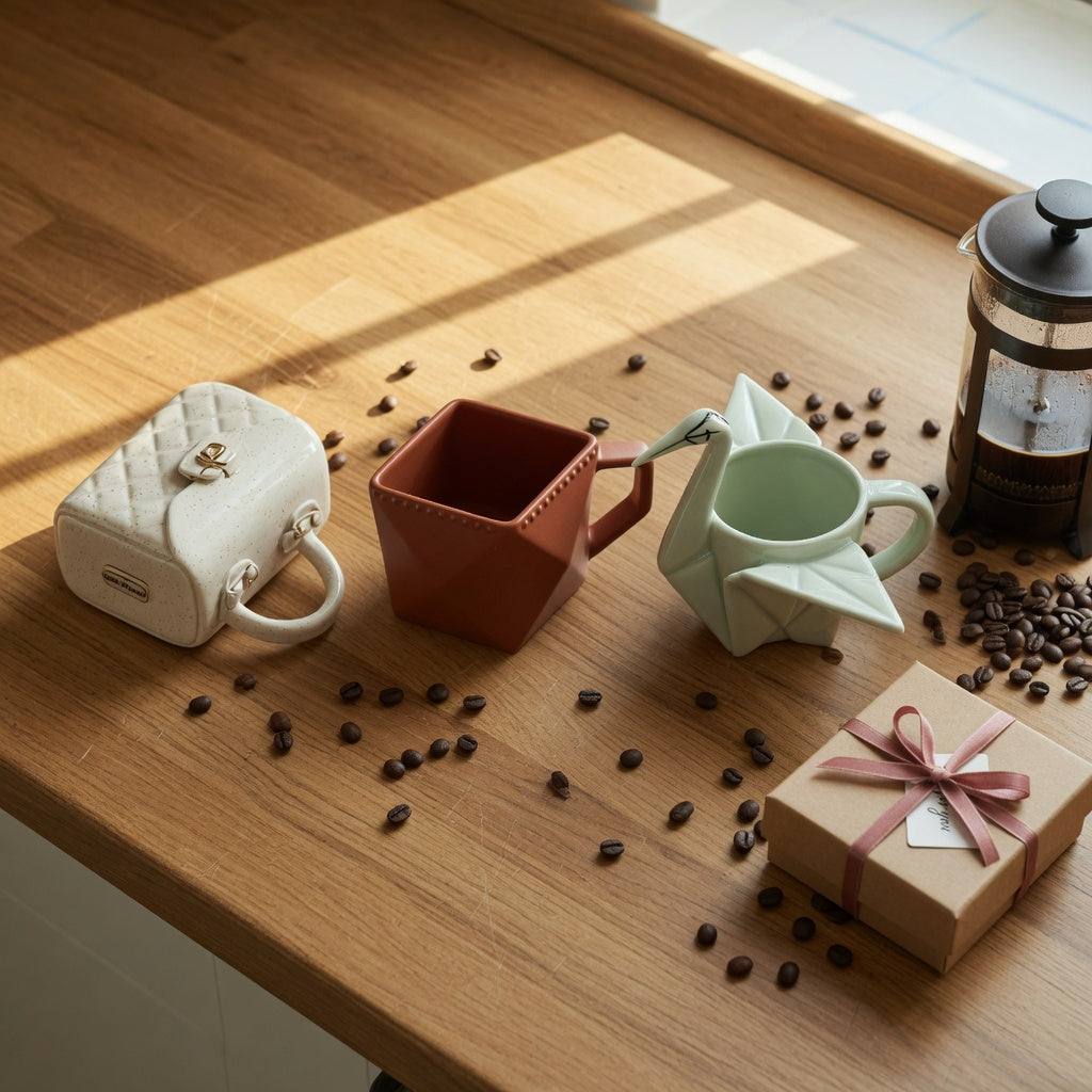 Three unique ceramic coffee mugs gift options β a handbag mug, a faceted rhombus mug and a sculpted crane mug β lined up on a kitchen counter beside a kraft gift box and coffee beans