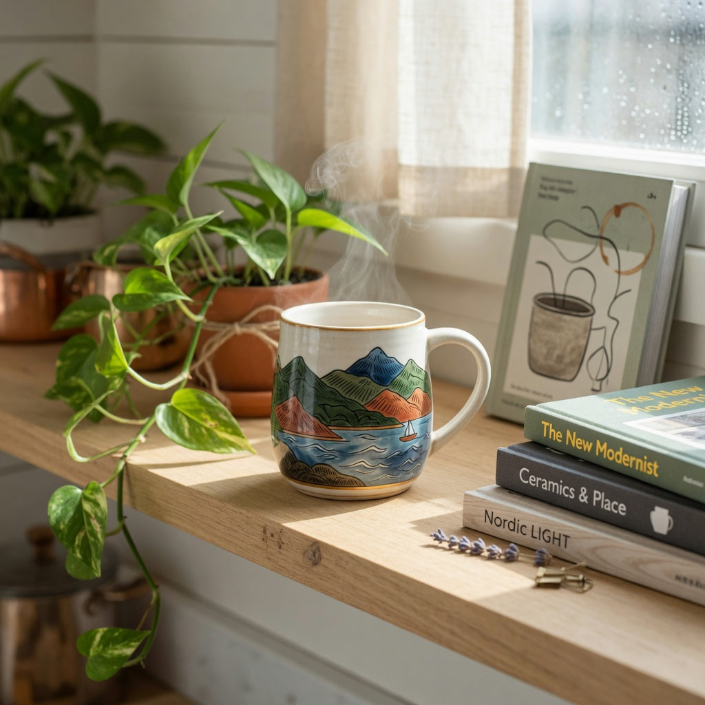 Unique ceramic mug for home decor lovers with a mountain and sea design displayed on an open oak kitchen shelf beside a trailing pothos plant