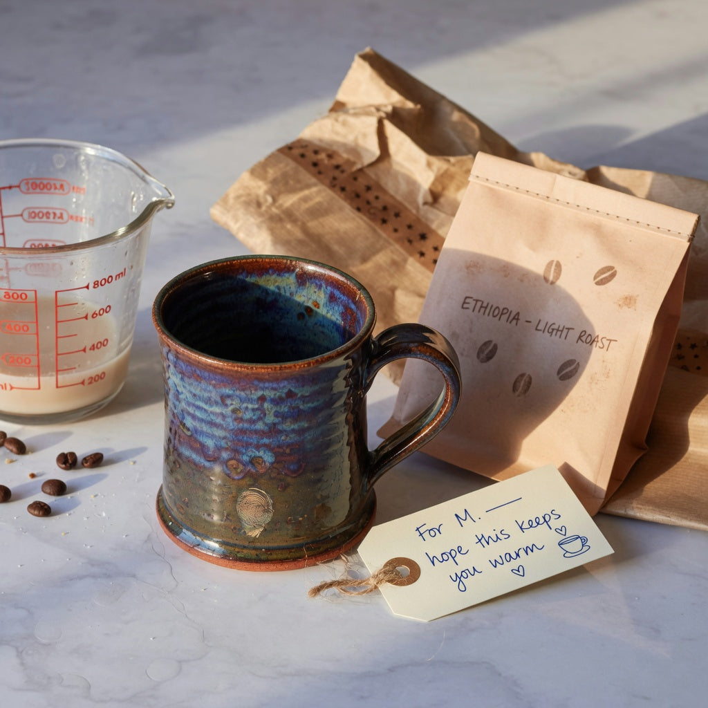Unique ceramic mug gift checklist scene with a ceramic mug, measuring jug, care card, coffee pouch, and gift wrap