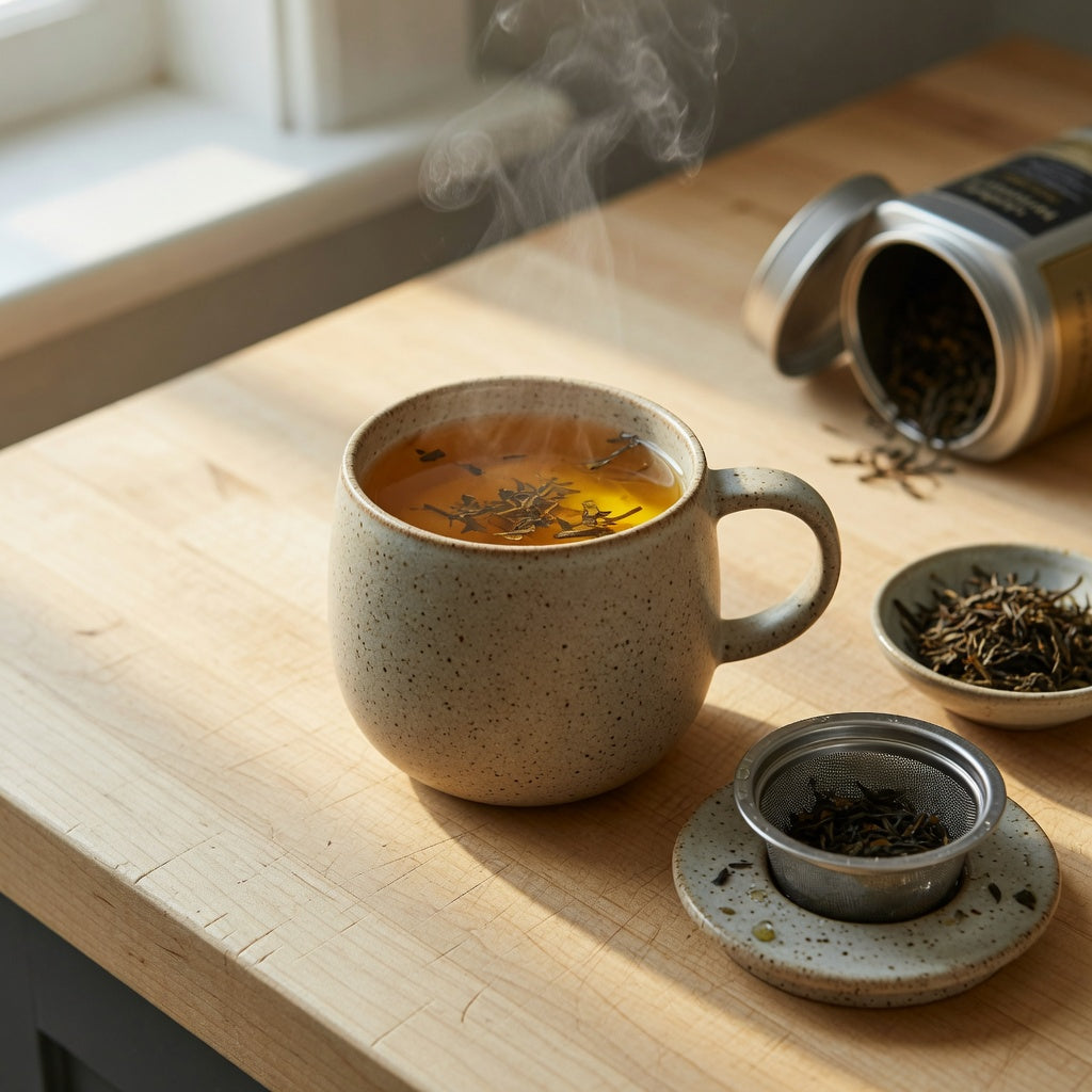 Speckled stoneware mug from our unique ceramic mugs for tea drinkers range, filled with amber loose-leaf tea beside a stainless infuser basket