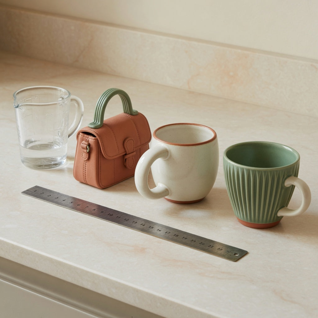 Unique ceramic tea cups in handbag-inspired, rounded-handle, and pleated forms beside a ruler and measuring jug