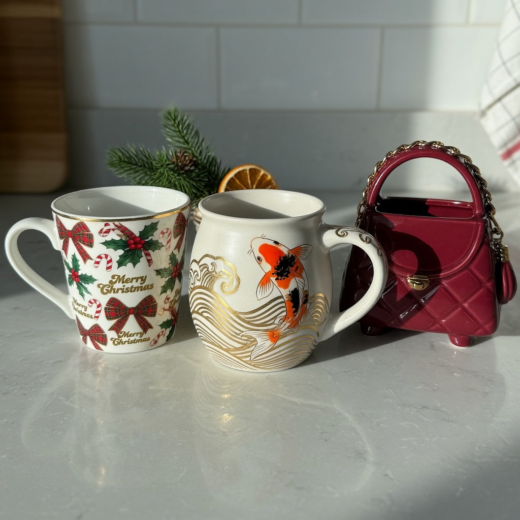 Unique christmas coffee mugs current product facts comparison showing Christmas, Golden Waves Kio, and handbag-shaped ceramic mugs