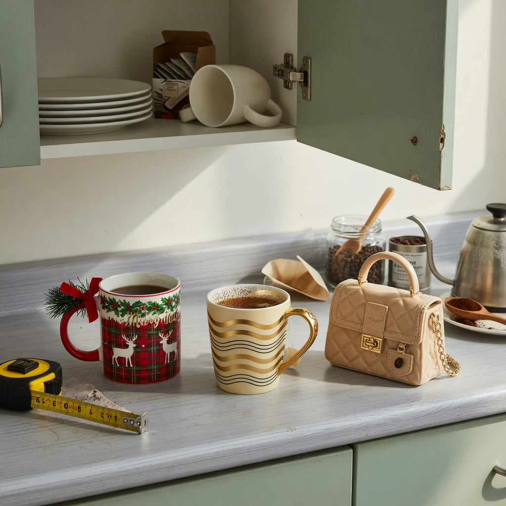 unique christmas coffee mugs everyday mug rotation product shortlist guide with three mug styles beside an open kitchen cupboard