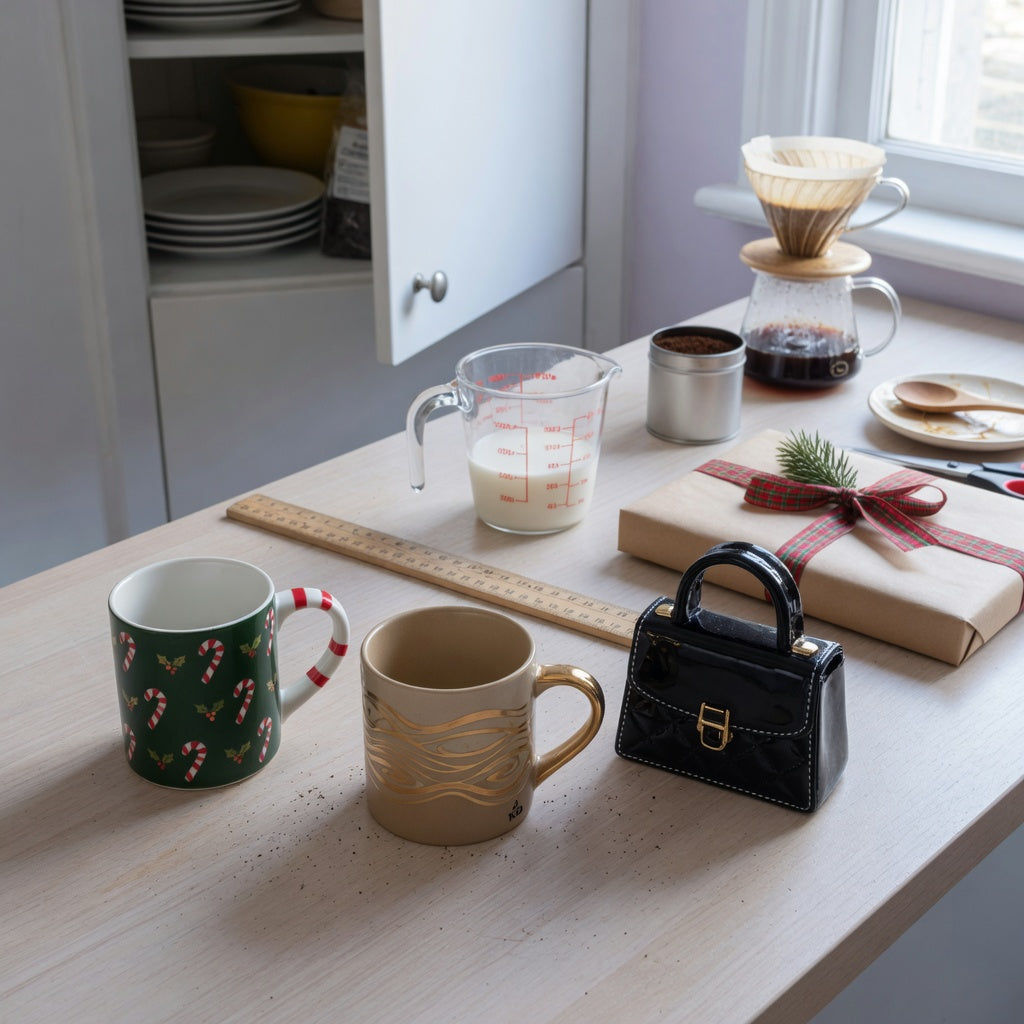 unique christmas coffee mugs gift choice practical purchase checklist with three mug styles, a measuring jug, ruler, cupboard, and holiday gift wrap