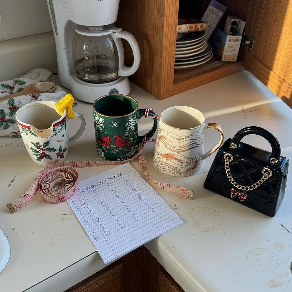 unique christmas coffee mugs replacement purchase practical purchase checklist beside a retired holiday mug and three current designs