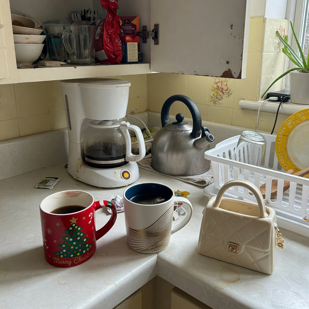 Unique christmas coffee mugs shared household product shortlist guide showing festive, golden-wave, and handbag-shaped mugs in a shared kitchen