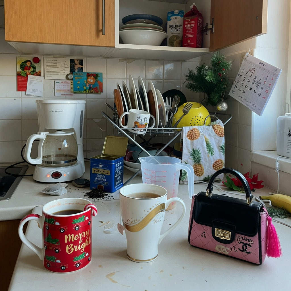 Kitchen counter scene for a unique christmas coffee mugs shared household practical purchase checklist, showing three individual mug styles