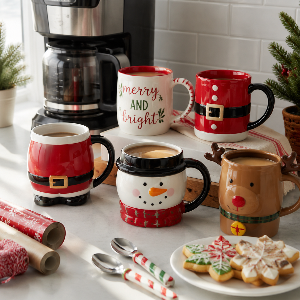 unique christmas coffee mugs arranged on a kitchen counter for holiday gifting