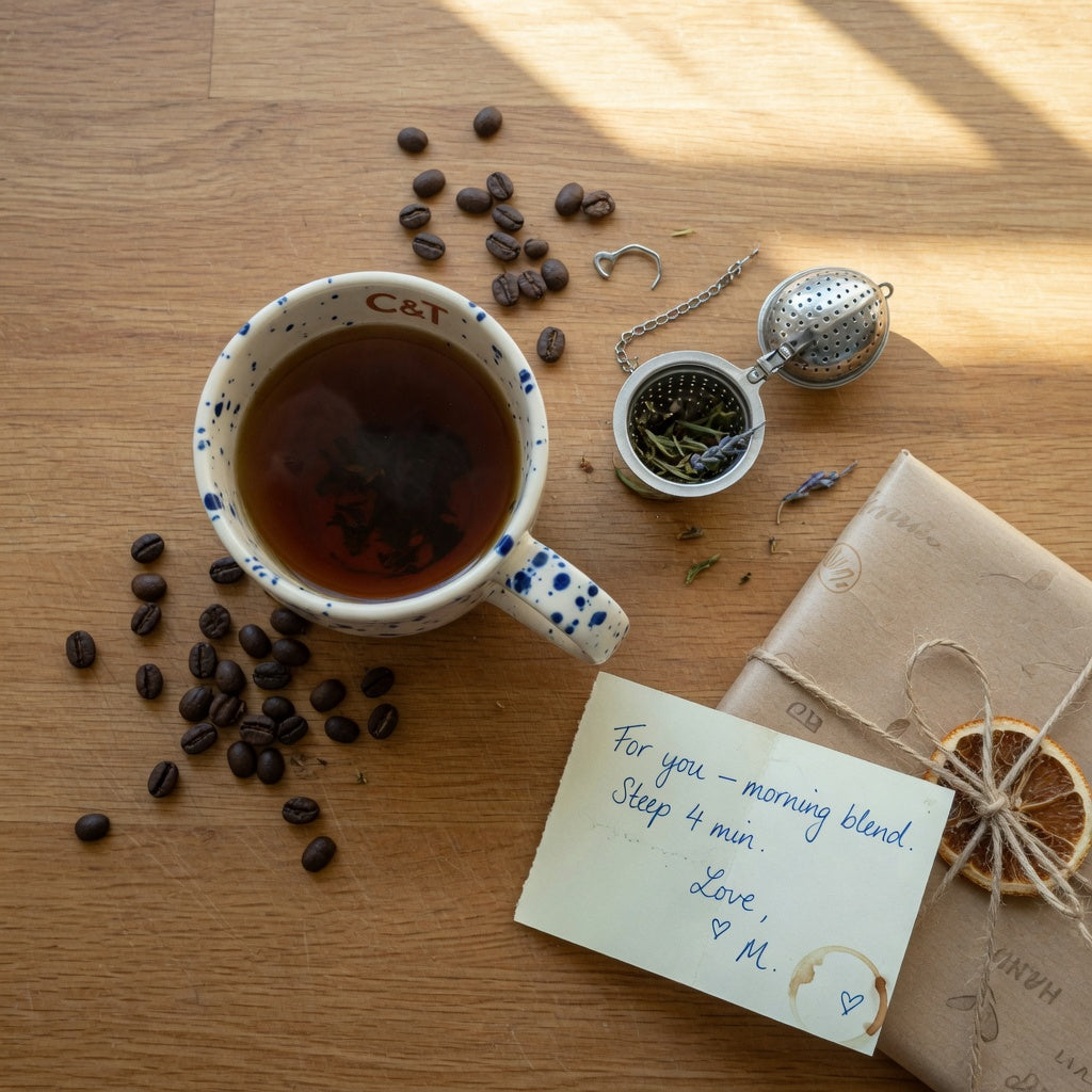 Large ceramic coffee and tea mug on a kitchen table styled as one of our unique coffee and tea mug gifts, next to a loose-leaf infuser and kraft gift wrap