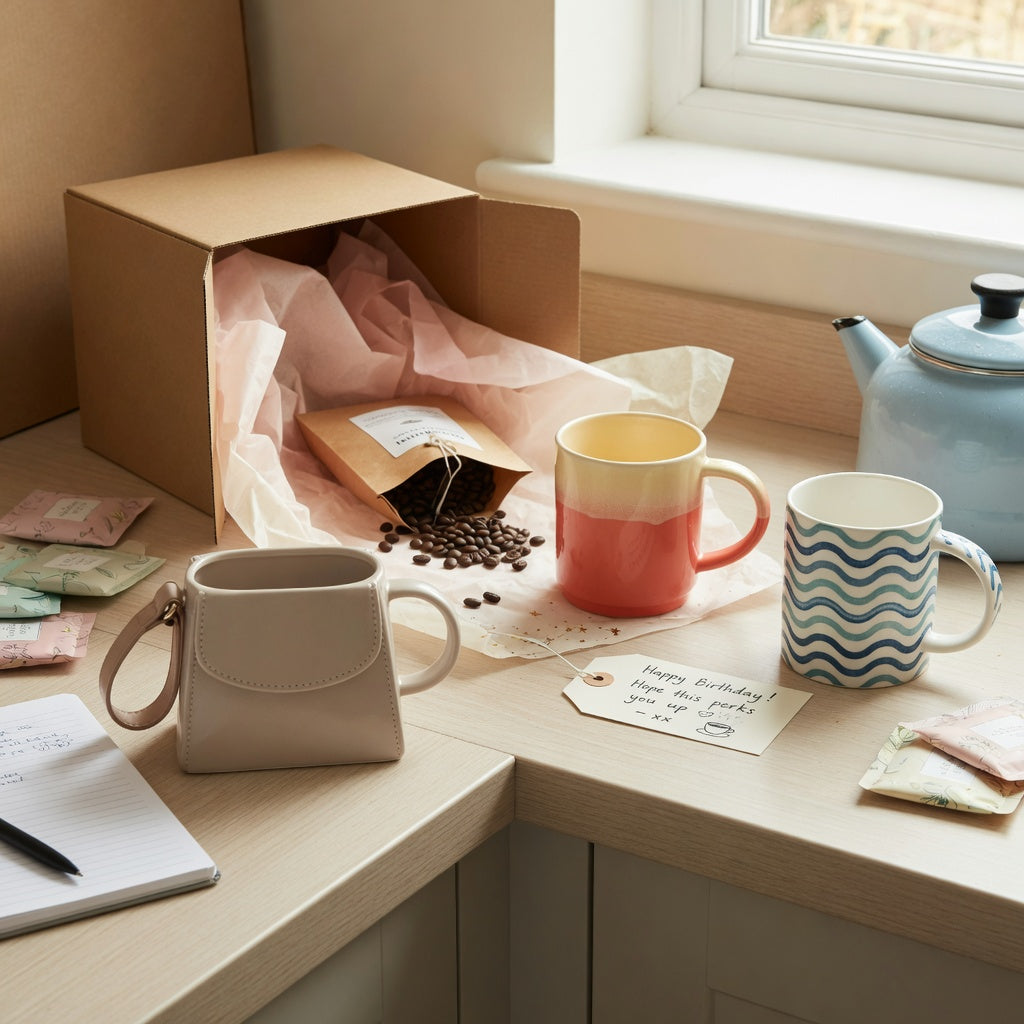 Unique coffee mug birthday gifts arranged on a kitchen counter with coffee beans, tea sachets, and birthday wrapping