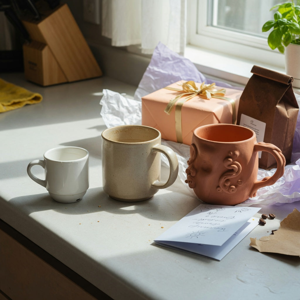 Unique coffee mug birthday gifts compared beside coffee, a wrapped box, and a handwritten birthday card