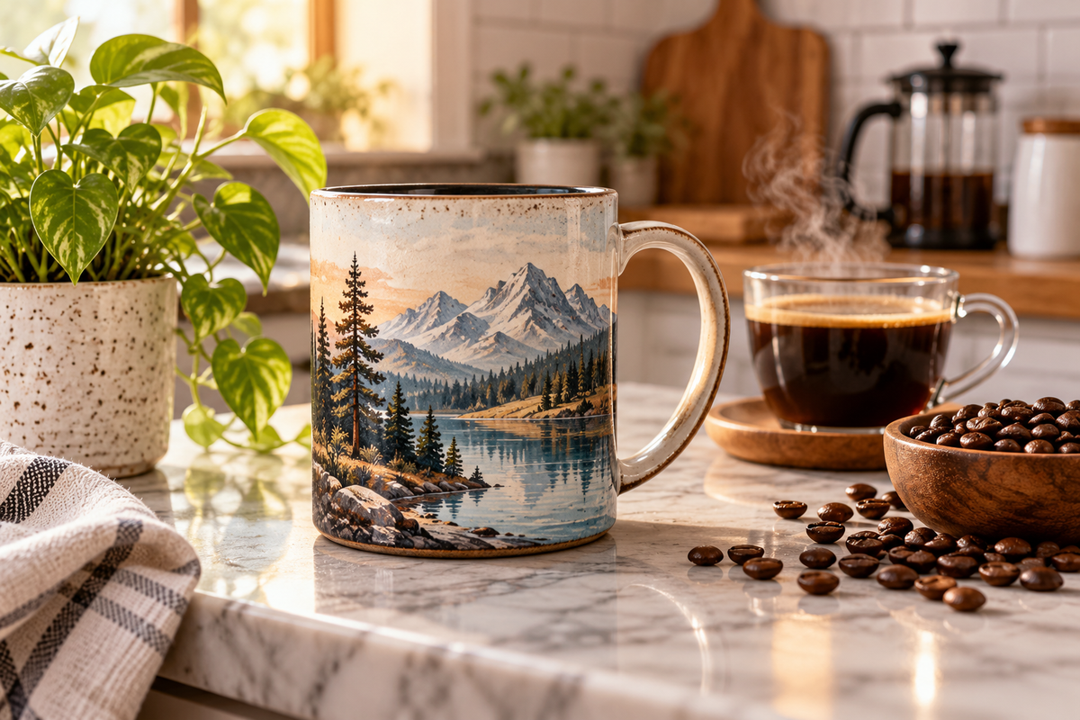 Unique coffee mug for enthusiasts with landscape theme for daily coffee use