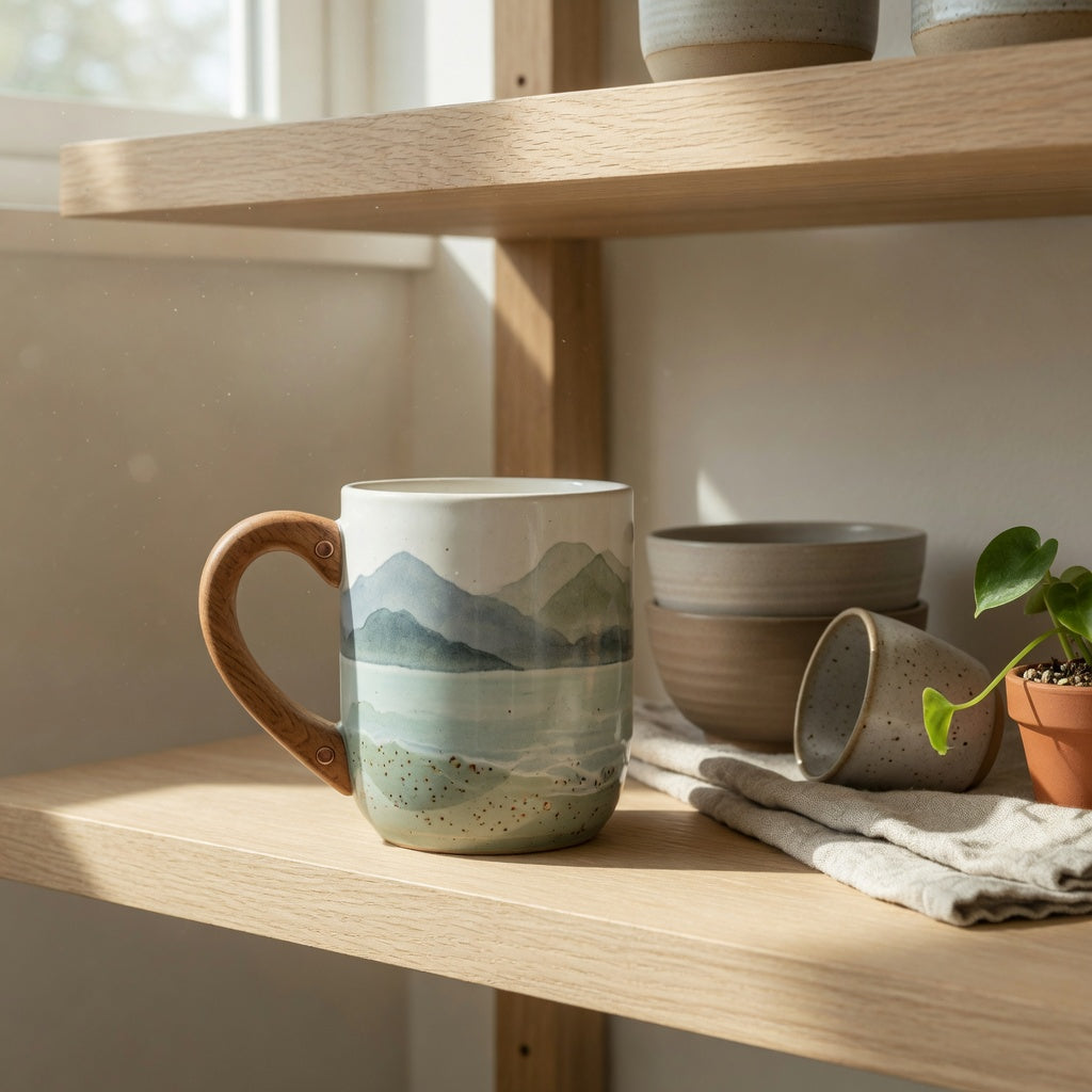 A unique coffee mug for home decor with a wooden handle on a sunlit open kitchen shelf