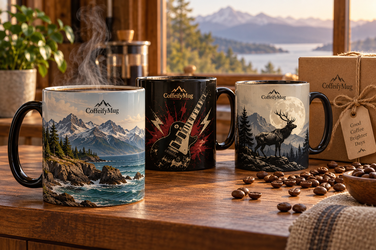 Unique coffee mug gift ideas for him: themed CoffeifyMug mugs on a wooden counter with coffee beans and a wrapped gift box