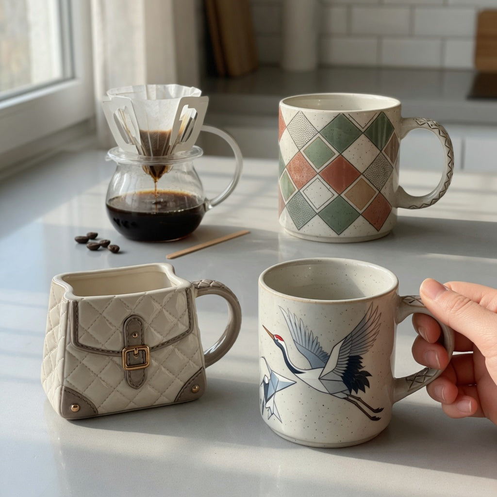 Unique coffee mug gift ideas featuring handbag, rhombus, and crane-themed mugs on a kitchen counter