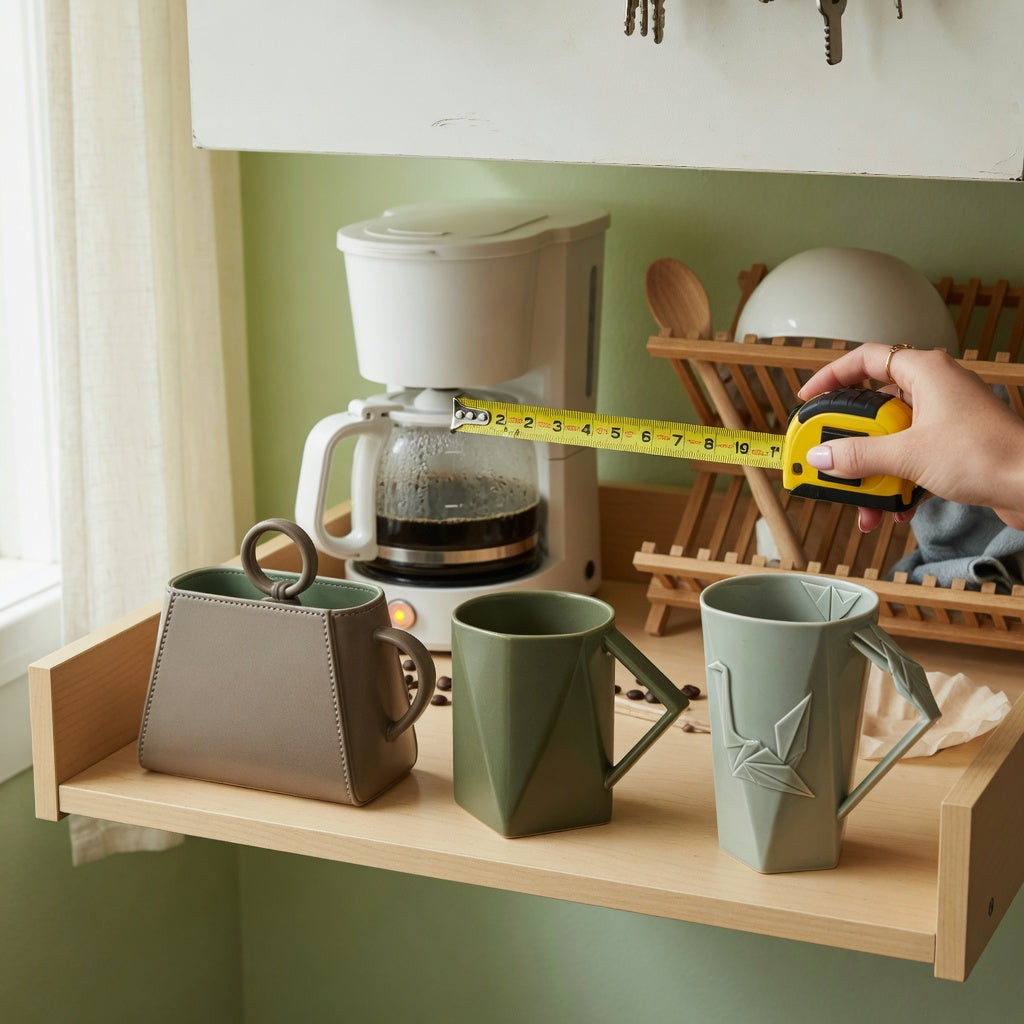 Unique coffee mugs for gifts compact kitchen product shortlist guide with Handbag, Rhombus, and Crane mugs on a shallow kitchen shelf