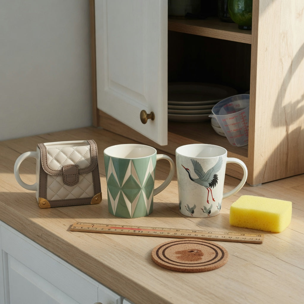 Unique coffee mugs for gifts everyday mug rotation practical purchase checklist with handbag, rhombus, and crane-themed mugs on a kitchen counter