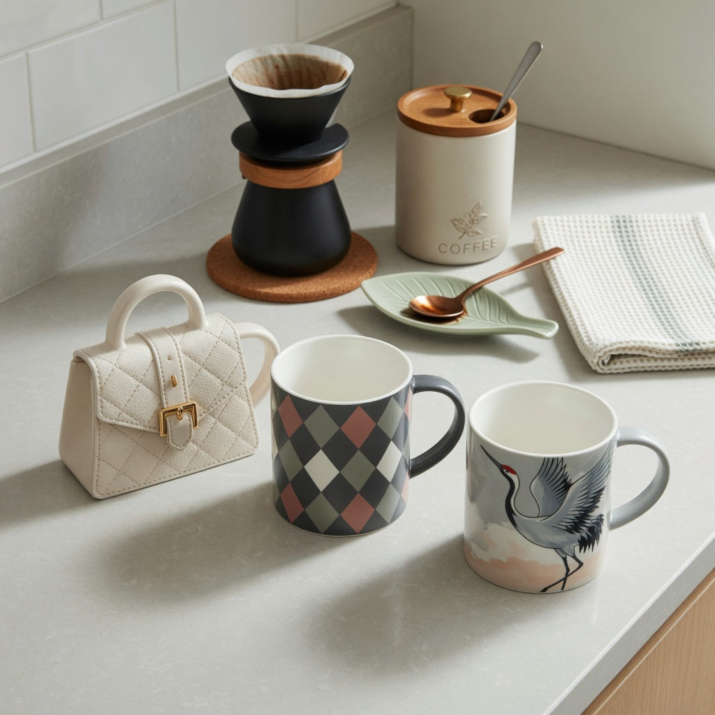 unique coffee mugs for gifts home coffee station product shortlist guide showing handbag, rhombus, and crane designs on a kitchen counter