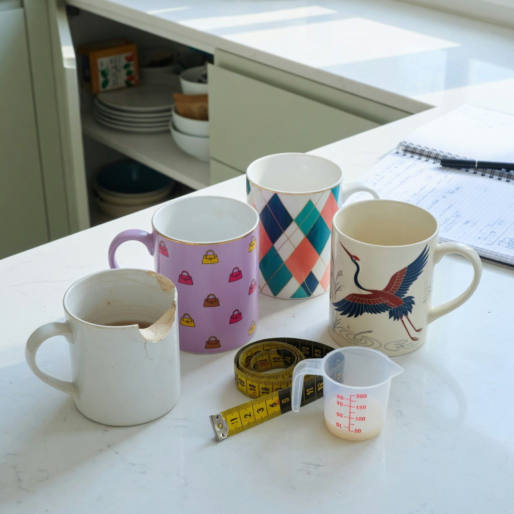 unique coffee mugs for gifts replacement purchase practical purchase checklist with handbag, rhombus, and crane designs beside a chipped mug