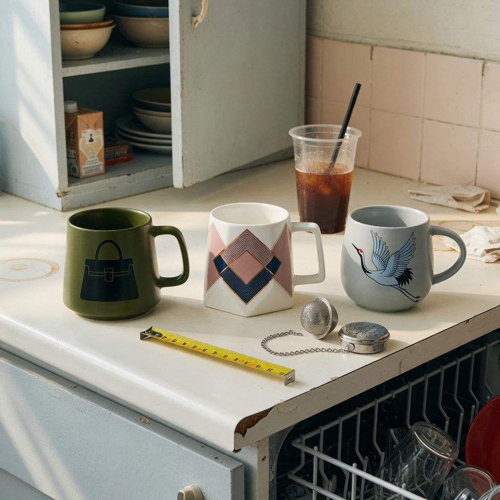 unique coffee mugs for gifts shared household practical purchase checklist with Handbag, Rhombus, and Crane designs on a shared kitchen counter