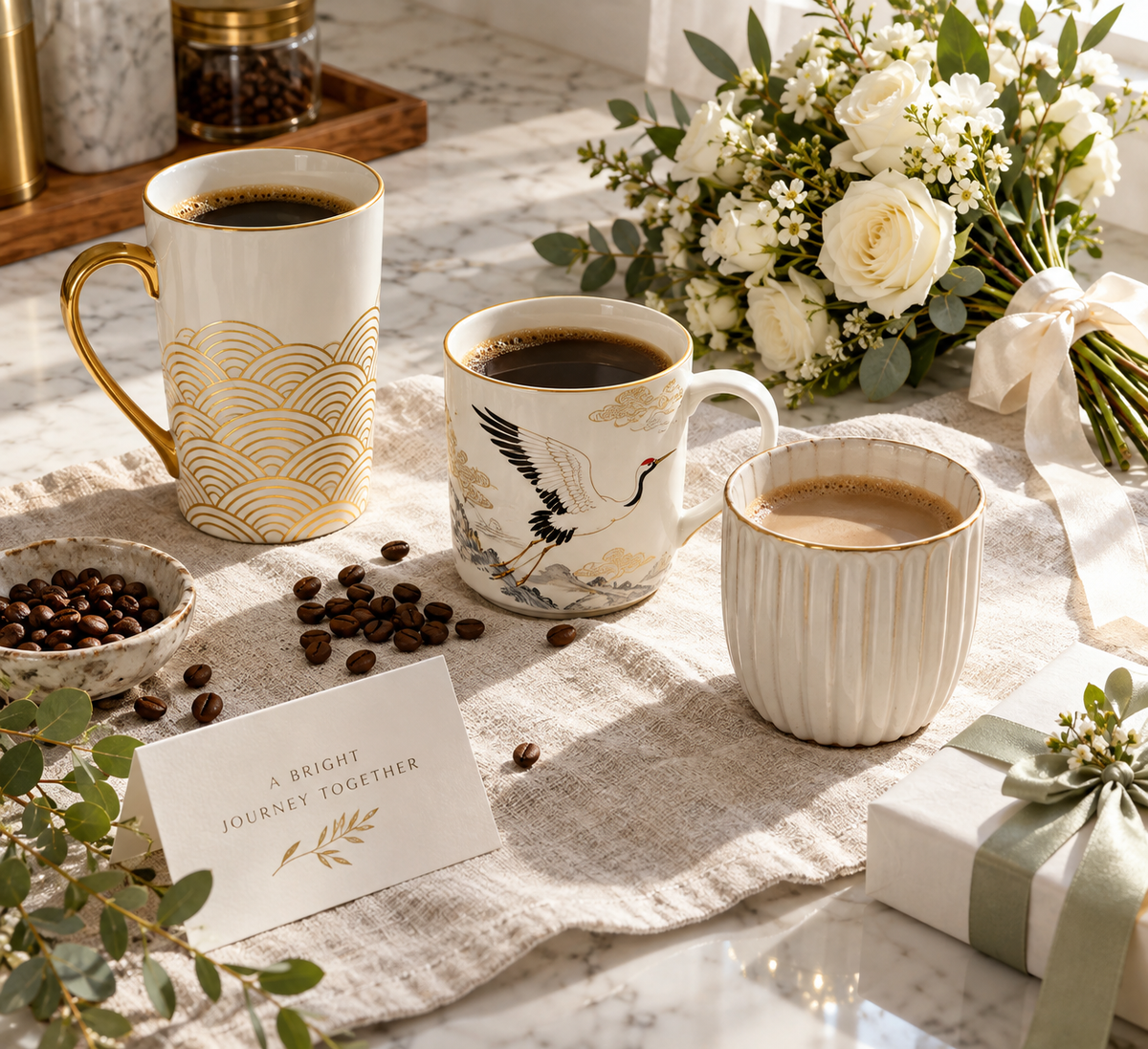 Unique coffee mugs for wedding gift picks on a kitchen counter with coffee beans and a white bouquet