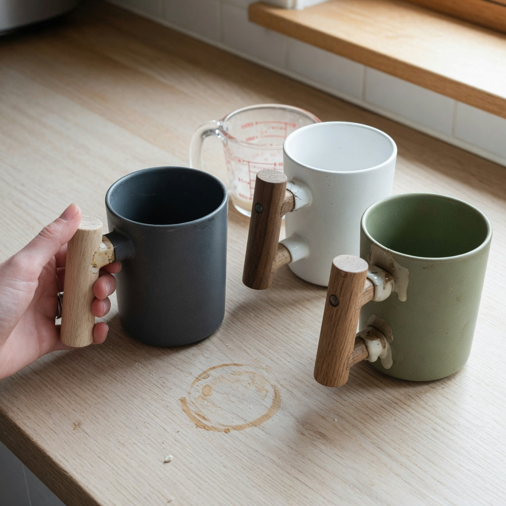 Unique coffee mugs with wooden handle designs being compared for grip, size, and construction