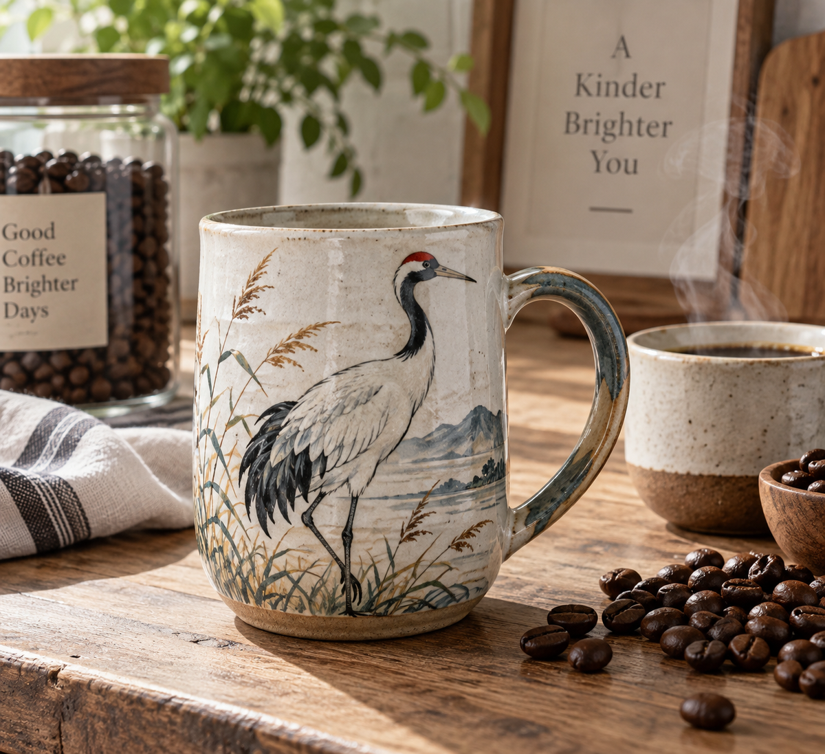Unique crane coffee tea mug gift with artistic bird design perfect for coffee lovers