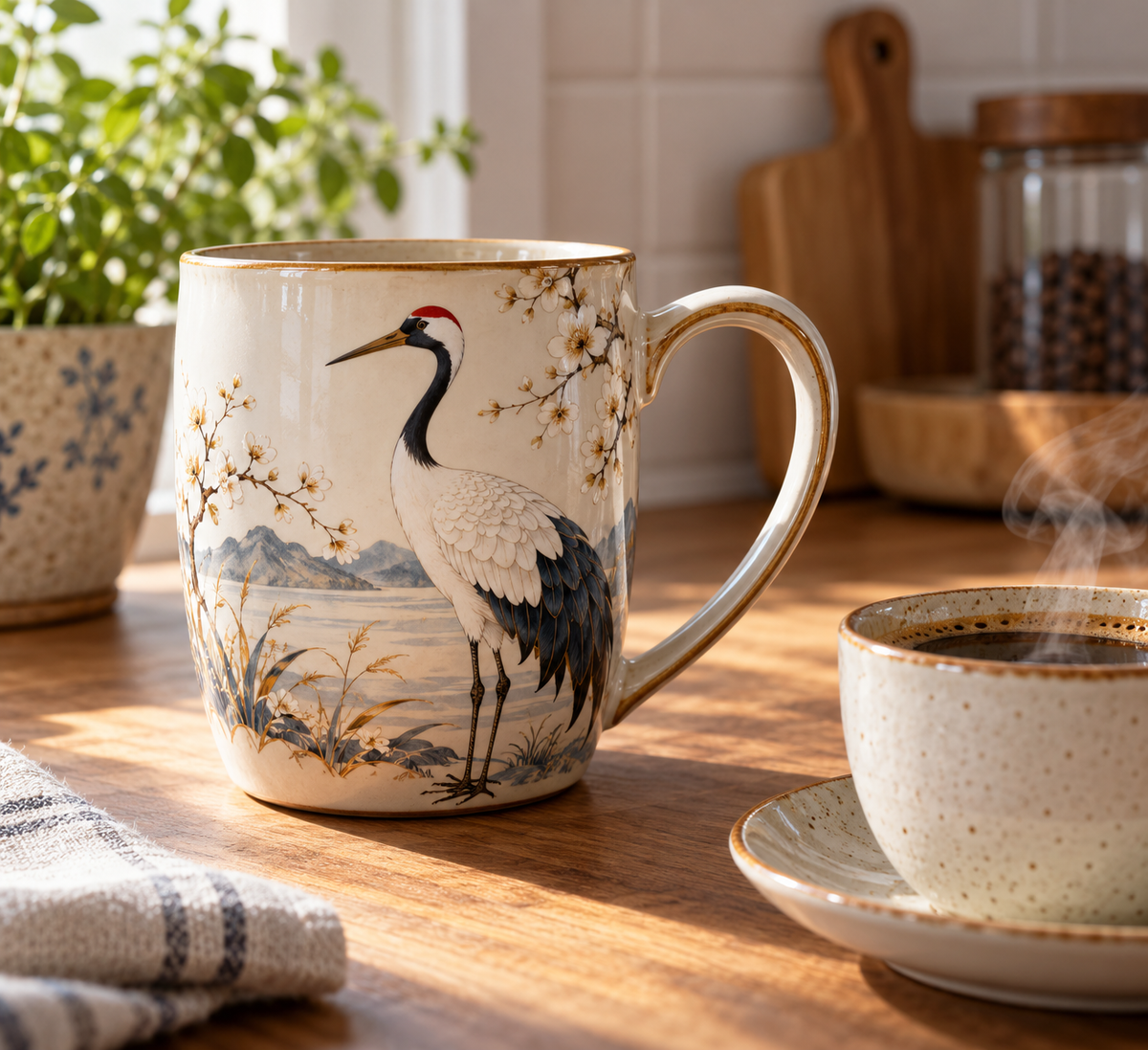 unique crane coffee tea mug with artistic crane bird motif for hot coffee and tea