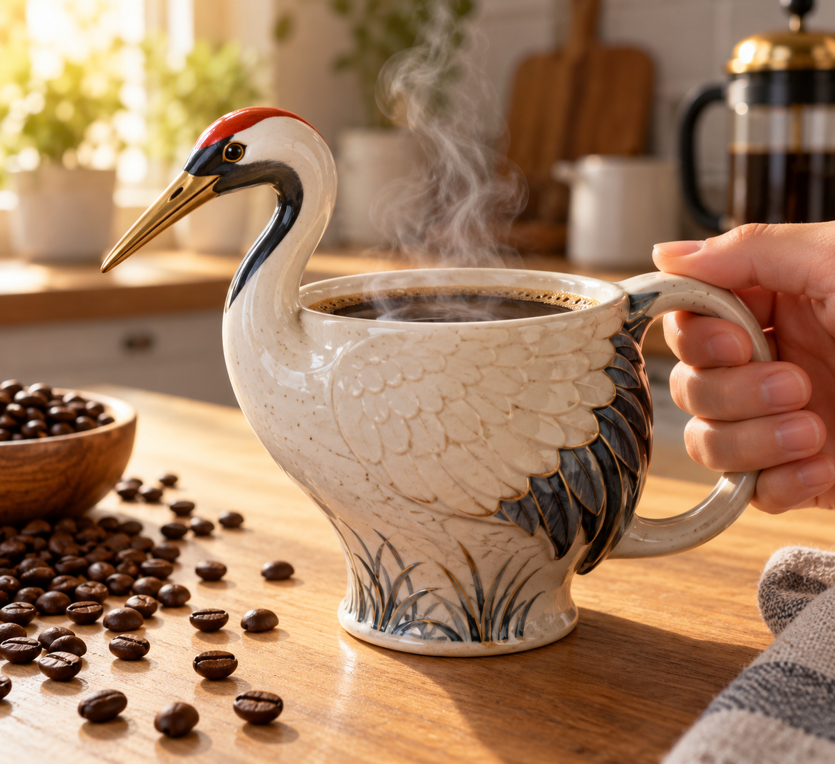 Unique crane mug for coffee lovers on kitchen counter with coffee