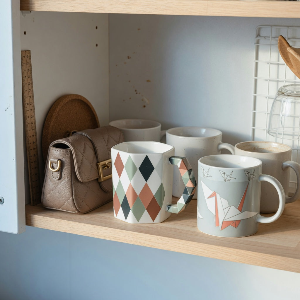 Kitchen shelf illustrating the unique design coffee mugs everyday mug rotation practical purchase checklist with Handbag, Rhombus, and Crane styles