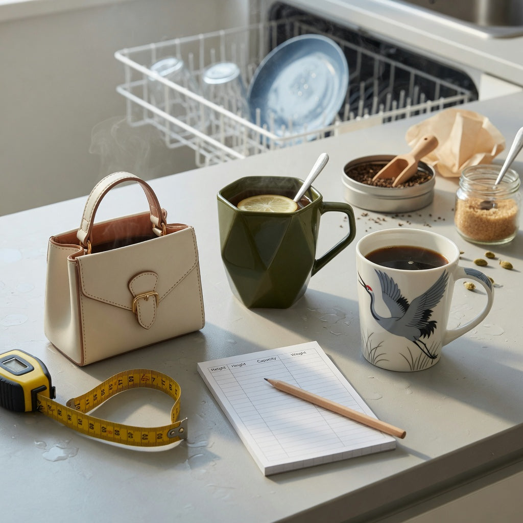Unique design coffee mugs first time buyer product shortlist guide comparing Handbag, Rhombus, and Crane mug styles on a kitchen counter