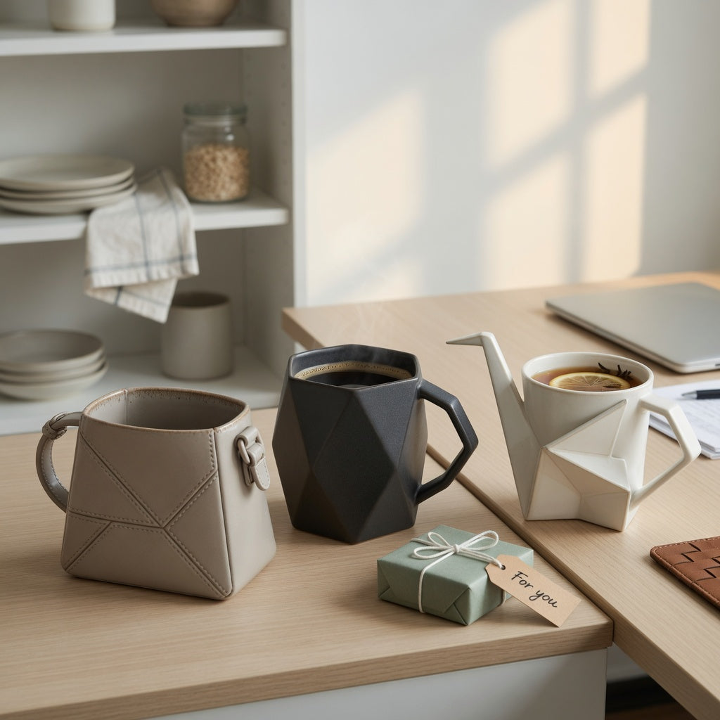 Unique design coffee mugs for gifts with handbag, rhombus, and crane-inspired forms on a kitchen shelf