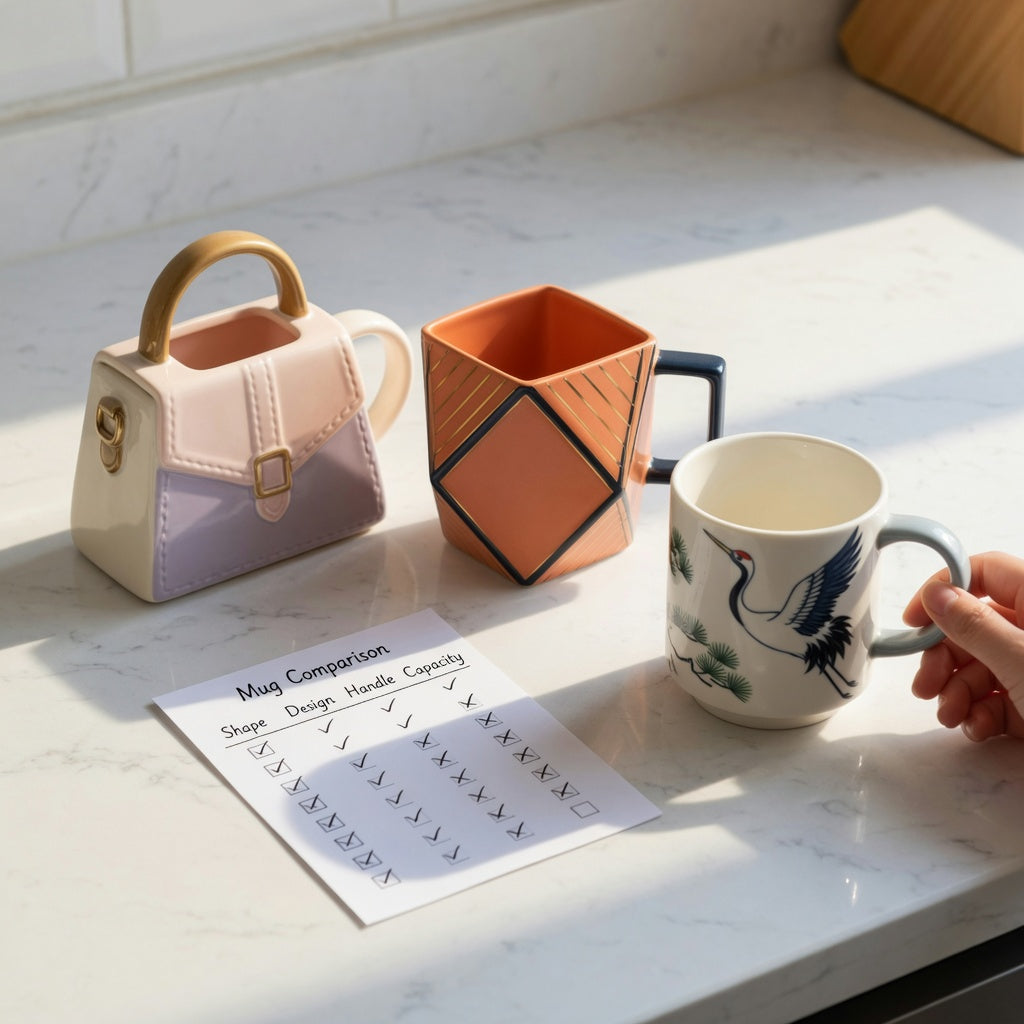 Unique design coffee mugs gift choice product shortlist guide comparing handbag, rhombus, and crane mug styles