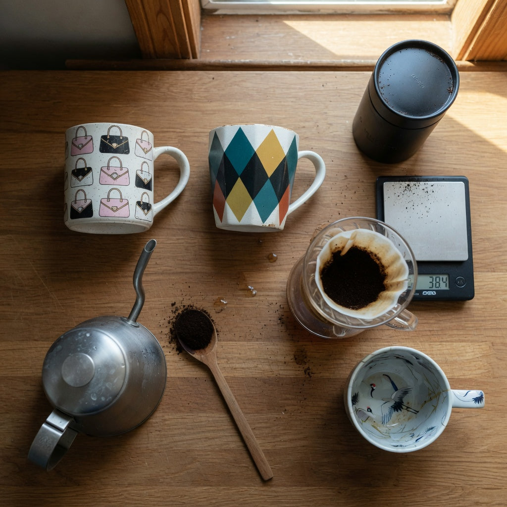 unique design coffee mugs home coffee station practical purchase checklist with handbag, rhombus, and crane-themed mugs beside brewing tools