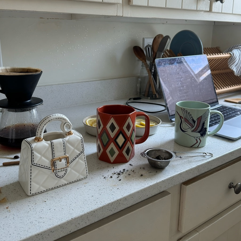 unique design coffee mugs shared household practical purchase checklist with three individual mug styles on a working kitchen counter
