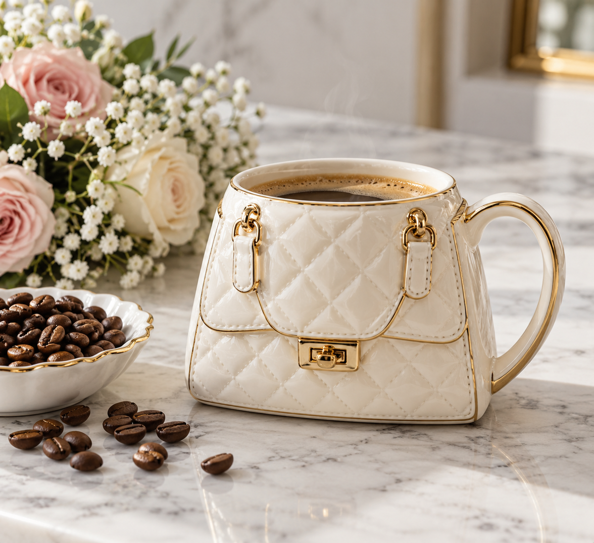 unique gift coffee mug handbag on display for coffee enthusiasts
