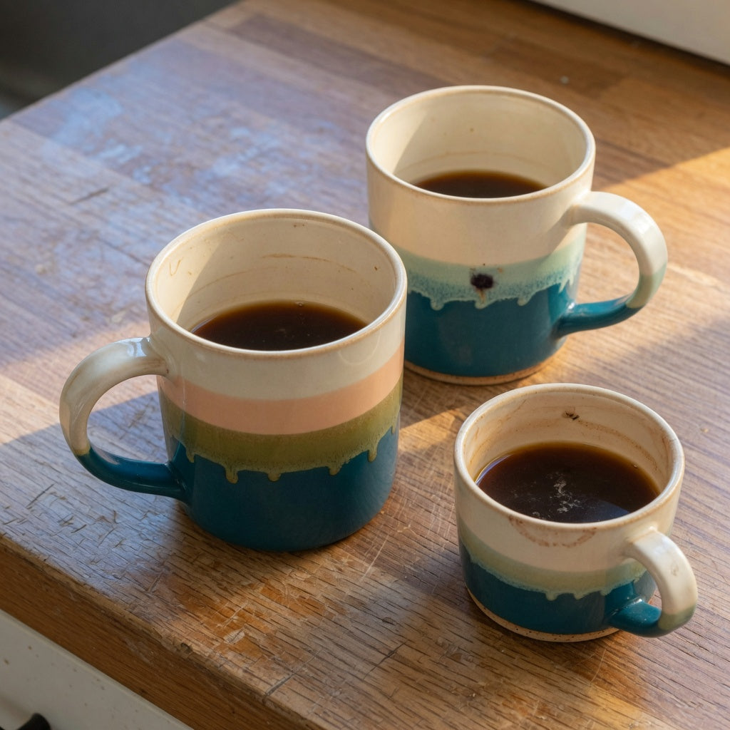 Unique gradient coffee mug with a cream-to-teal fade beside a second cup on a kitchen counter