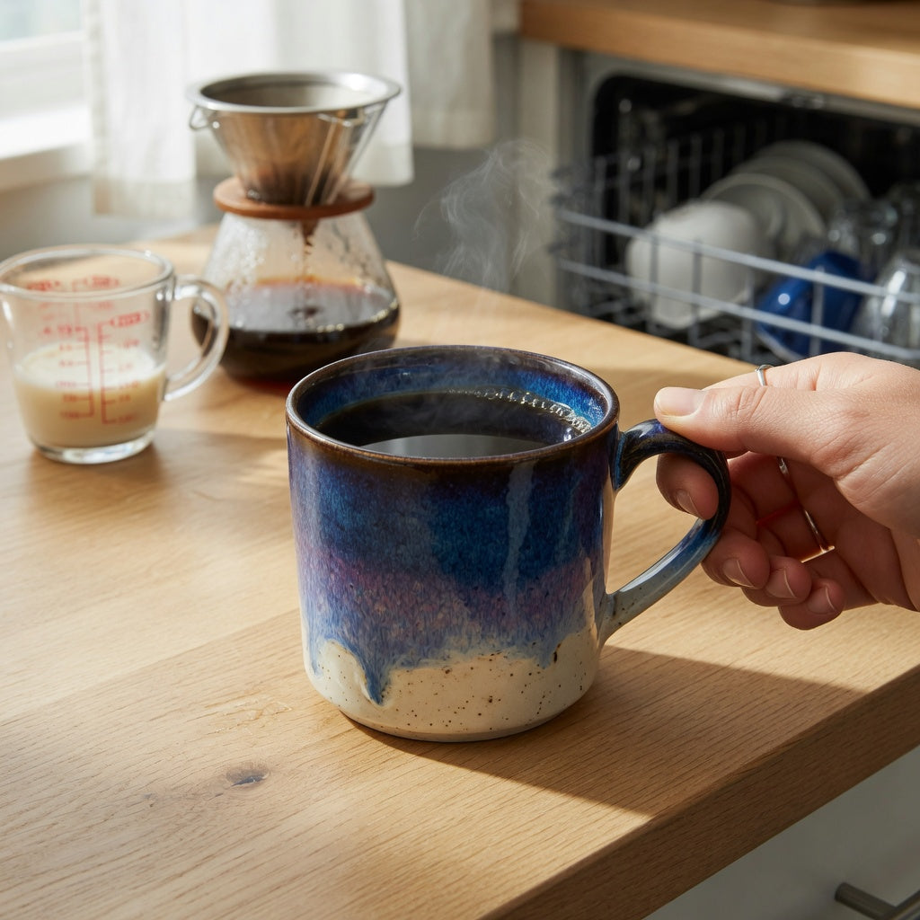 A unique gradient mug for coffee lovers on an oak counter beside a pour-over carafe