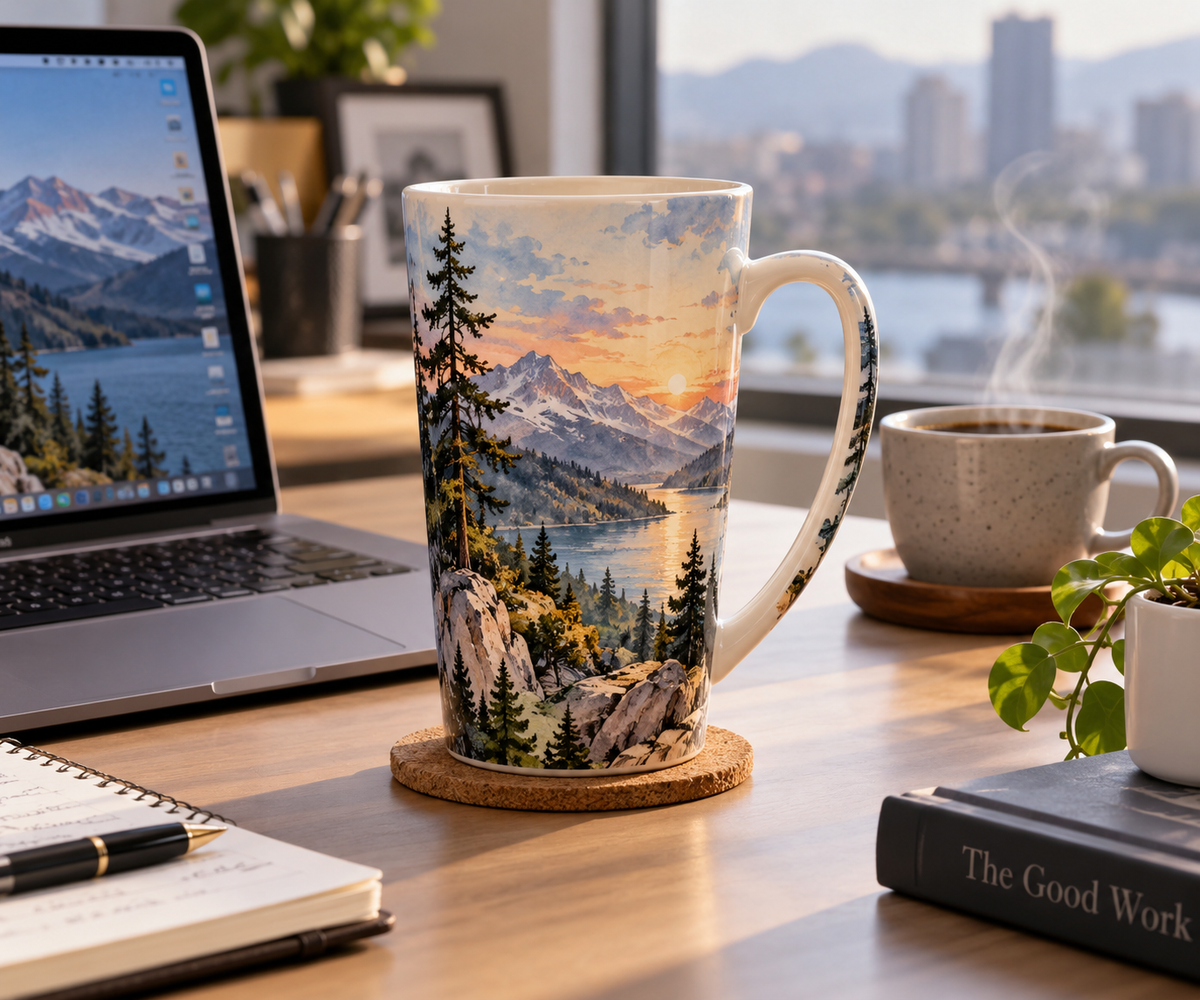 unique landscape mug for office on a professional desk