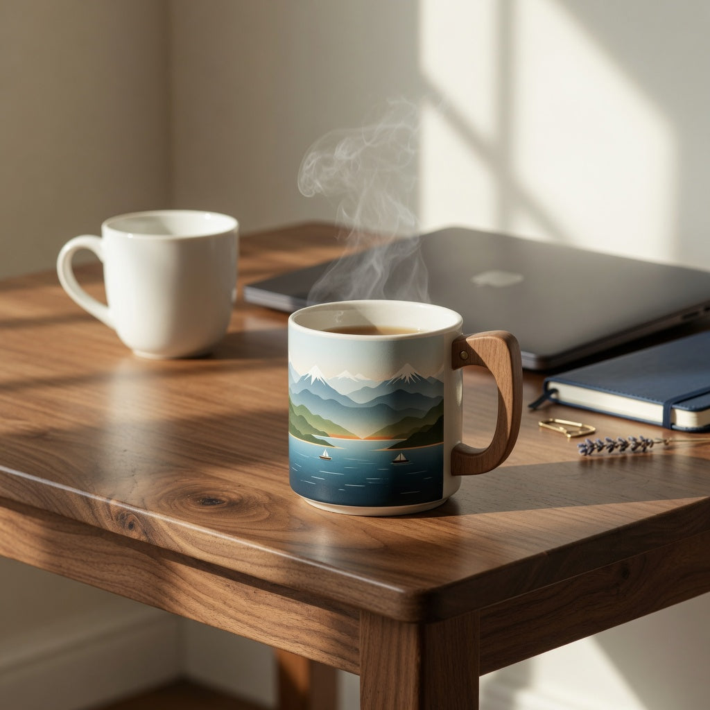 Unique mountain sea coffee tea mug with wooden handle steaming beside a laptop on a wooden desk